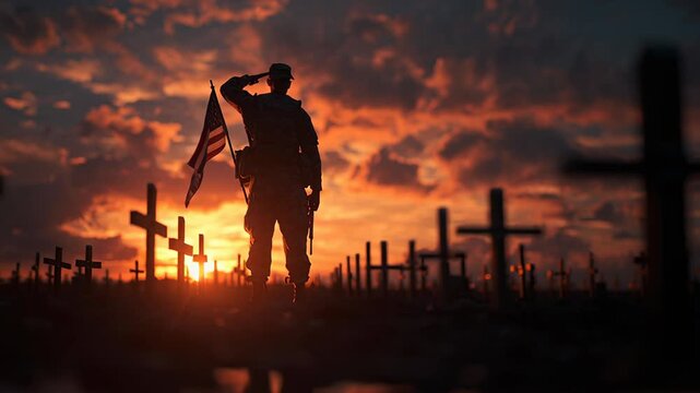 A soldier salutes with an American flag in a solemn military cemetery at sunset, honoring fallen heroes.