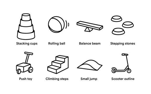 Minimalist line icons of children's play equipment