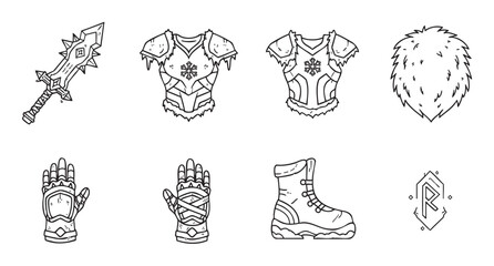 Obraz premium Collection of black and white line art illustrations for a fantasy role-playing game, featuring winter warrior armor, a spiky sword, gauntlets, a boot, and a magic rune
