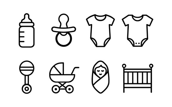 Essential baby line icons set: bottle, pacifier, onesie, stroller, crib