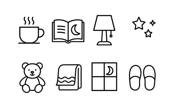 Minimalist bedtime icons: cozy objects and nighttime essentials in linear style