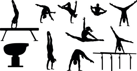 Gymnastics Athletes in Dynamic Action Silhouettes Set, Performing Various Exercises on Apparatus like Balance Beam and Pommel Horse, Sport Vector Collection.