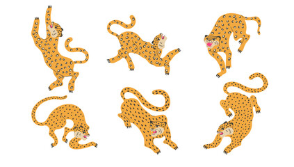 Nature tattoo bundle with spotted leopard panther and isolated animal doodle set.