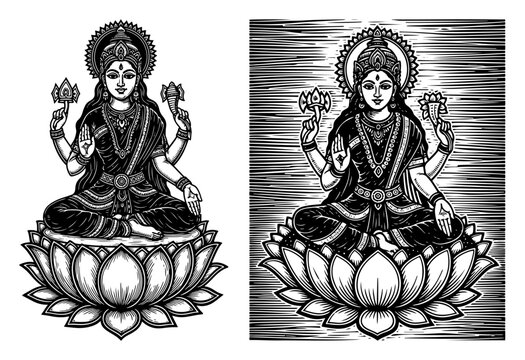 Hindu Goddess Lakshmi sitting on lotus flower giving blessing vintage woodcut vector illustration