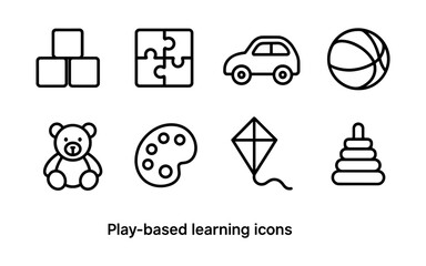 Play-based learning symbols: toy, puzzle, and creative activity line icons