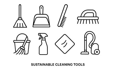Eco-friendly cleaning tools icons: broom, mop, vacuum, spray bottle line art