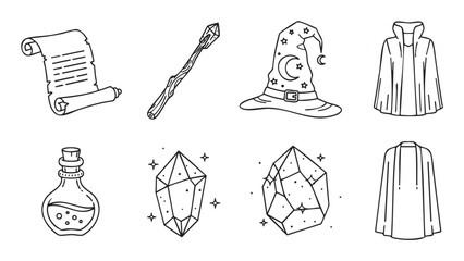 Naklejka premium Set of fantasy wizard icons in a hand-drawn doodle style, featuring a magic wand, sorcerer hat, potion bottle, crystal, scroll, and cloak