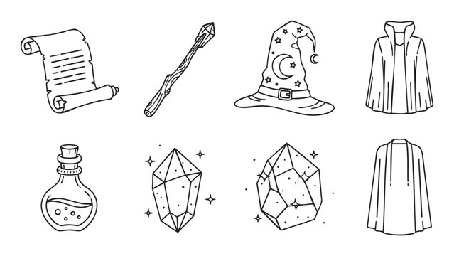 Set of fantasy wizard icons in a hand-drawn doodle style, featuring a magic wand, sorcerer hat, potion bottle, crystal, scroll, and cloak