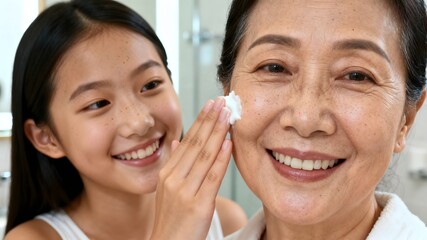 An Asian girl is applying face cream to her mother