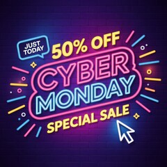 Cyber monday special sale 50% off event neon sign promotion