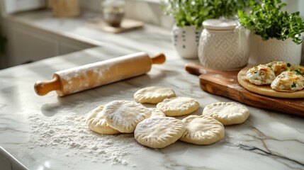 Fototapeta premium Fresh homemade dough circles with flour and rolling pin on kitchen countertop