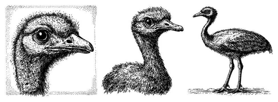 Ostrich head portrait and full bird vintage engraved vector illustration