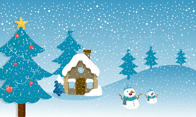 Winter Wonderland Christmas Trees, Snowmen and a Cozy Home in a Festive Winter Scene