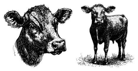 Cow head portrait and standing calf vector sketch in vintage engraving style for farm or dairy design © Anna