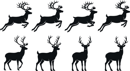 Set of Reindeer and Deer Silhouettes Vector Icons, Illustrating Standing and Leaping Poses with Large Antlers, Christmas and Wildlife Design Elements. © Kupen