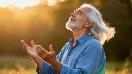 Senior man praying with hands raised at sunset. Elderly male with white beard meditating outdoors in golden light. Faith, hope, and gratitude concept