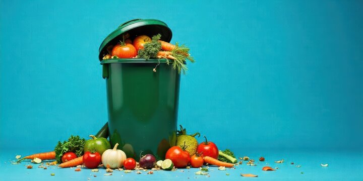 Overfilled Green Compost Bin with Assorted Produce and Vegetable Scraps on Teal Background - Powered by Adobe