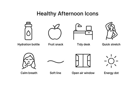 Essential wellness icons for a productive afternoon routine