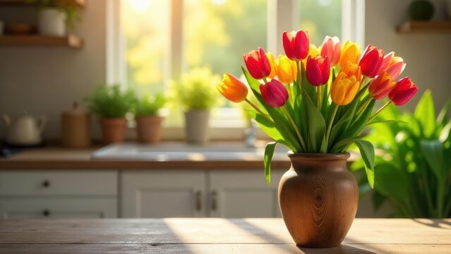 A vibrant bouquet of colorful tulips in a rustic wooden vase, bathed in sunlight on a kitchen counter, near a bright window