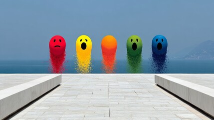Series of colorful faces are floating in the air above a body of water. The faces are all different colors and expressions, with some looking sad and others looking surprised