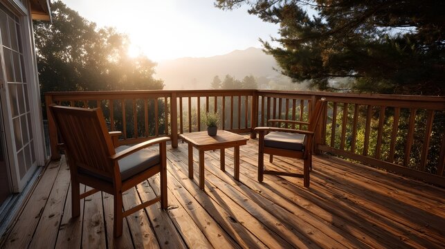 Serene outdoor wooden deck at sunset with chairs and table overlooking a misty mountain landscape - Powered by Adobe