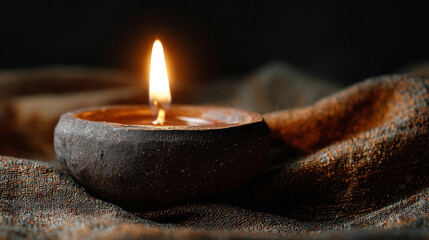 Burning candle in a handmade clay holder promoting peace and meditation on the Day of Non-Violence