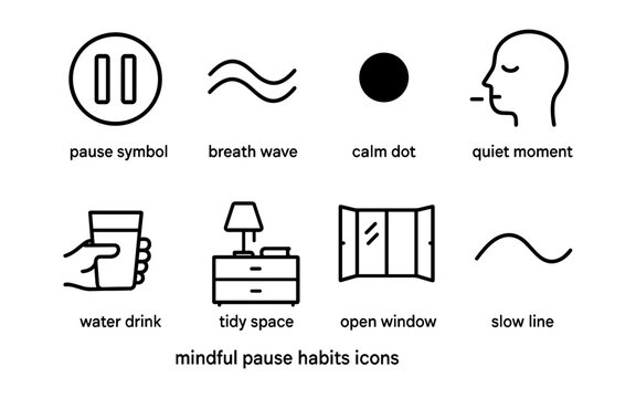 Mindful pause habits icons: simple symbols for calm and clarity in everyday life