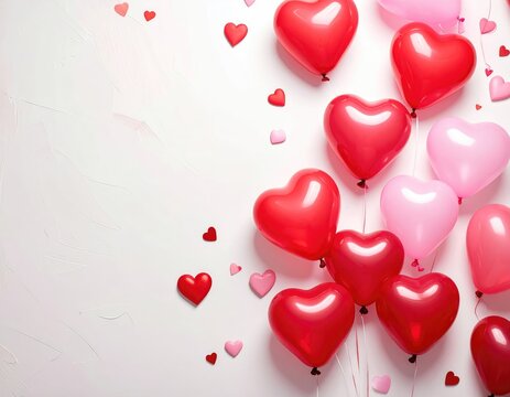 Red and pink heart balloons scattered on white background