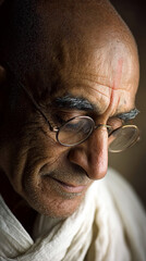 Elderly Indian man reflecting on non-violence and spirituality during a peaceful moment