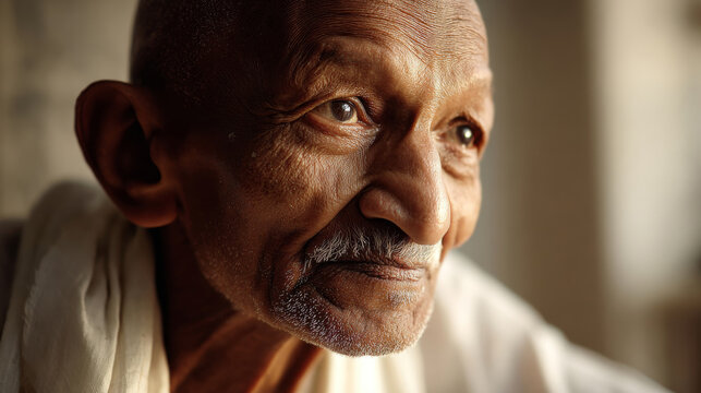 Elderly man embodying Gandhi's spirit, promoting peace and wisdom on the Day of Non-Violence