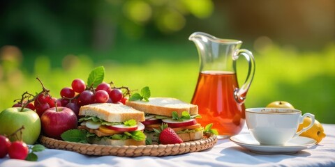 A delightful outdoor repast featuring fresh sandwiches, vibrant fruits, and a refreshing beverage served in a charming setting