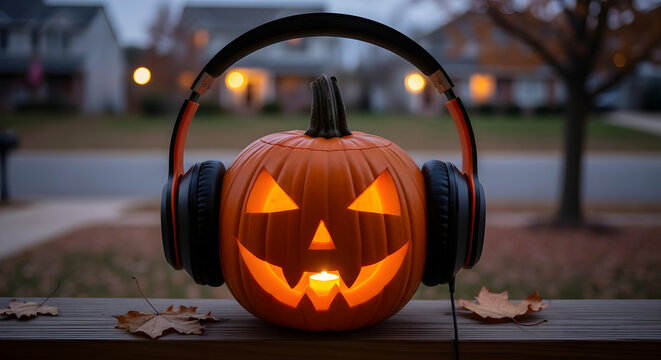 Glowing jack-o'-lantern with headphones in humorous style, warm autumn tones, Halloween decoration on suburban porch