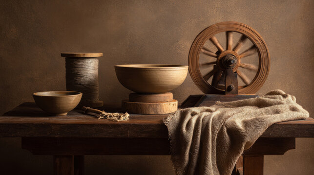 Still life of clay bowls and khadi fabric symbolizing peace and simplicity in India