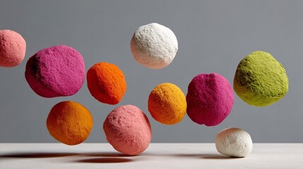 Series of colorful balls are floating in the air, creating a sense of motion and playfulness. The vibrant colors and dynamic composition evoke a feeling of joy and excitement