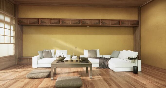 Interior scene mock up with yellow wall room and white sofa minimalism. 3D rendering