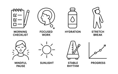 Daily productivity icons featuring minimal line art for health and efficiency