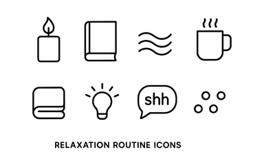 Relaxation routine icons set: candle, book, tea, towel, light bulb, calm elements