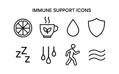 Immune support symbols including lemon, herbal tea, and more in bold outline