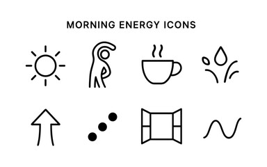 Morning energy icon set featuring coffee, yoga, sun, and more in minimalist style