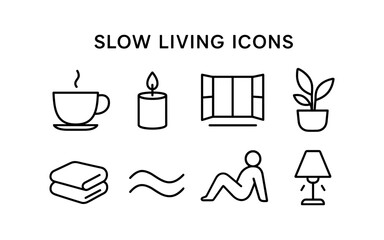 Minimalist slow living icons featuring relaxation and cozy elements