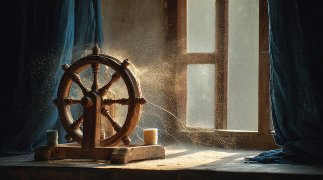 Wooden charkha spinning wheel captured in soft light near an open window in a peaceful room