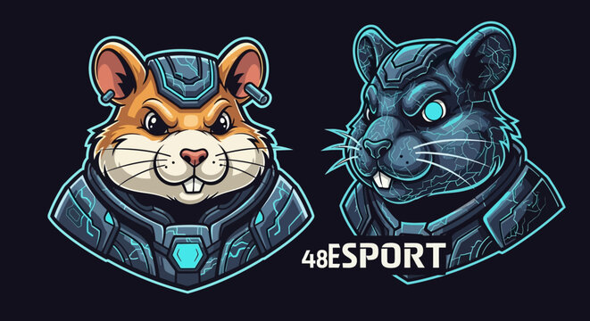 Illustration of a hamster and a rat head mascot in futuristic esports team logos on a black background with neon blue accents.