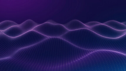 Fototapeta premium Glowing Purple and Blue Digital Landscape of Interconnected Particles Forming Waves abstract