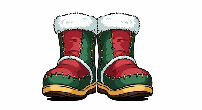 Illustration of two elf boots with red and green fabric and white fur trim on a white background