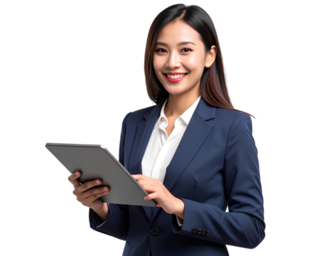 Portrait of a smiling businesswoman holding tablet, business concept, isolated on transparent background.