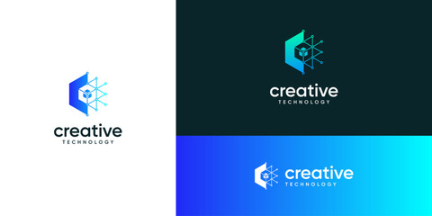 Modern cube hexagonal with dots and lines connected structure in tech network system, logo design ideas. Creative vector illustration based icons template.