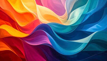 A vibrant abstract background featuring a dynamic composition of flowing, smooth, and colorful curves that transition between warm tones (red/orange) and cool tones (blue/purple).