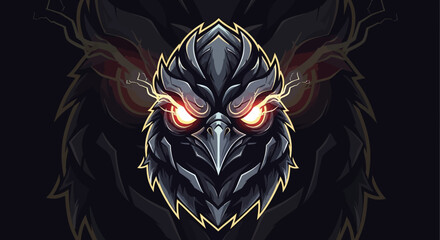 A close-up illustration of a menacing head mascot with glowing red eyes and sharp feathers on a dark background with fiery details.