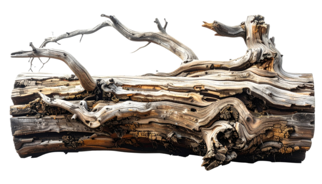 Large, Gnarled and Highly Textured Aged Driftwood Log with Branches, Isolated on Transparent Background - Cut Out