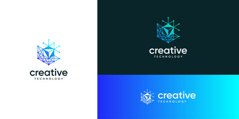 Modern triangular arrow technology logo design inspirations. interconnected dot and line structure in tech network system, icons symbols.